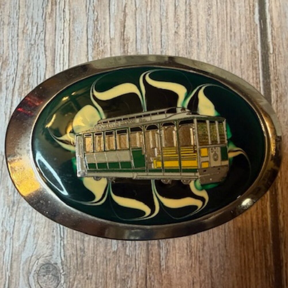 Vintage Epoxy Belt Buckle – Classic Trolley Streetcar – New Old Stock – 1980s